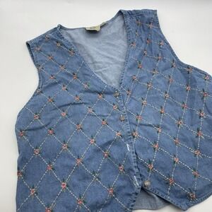 Vintage 90's denim vest with embroidered wild flowers Plus Size 2XL 22-24